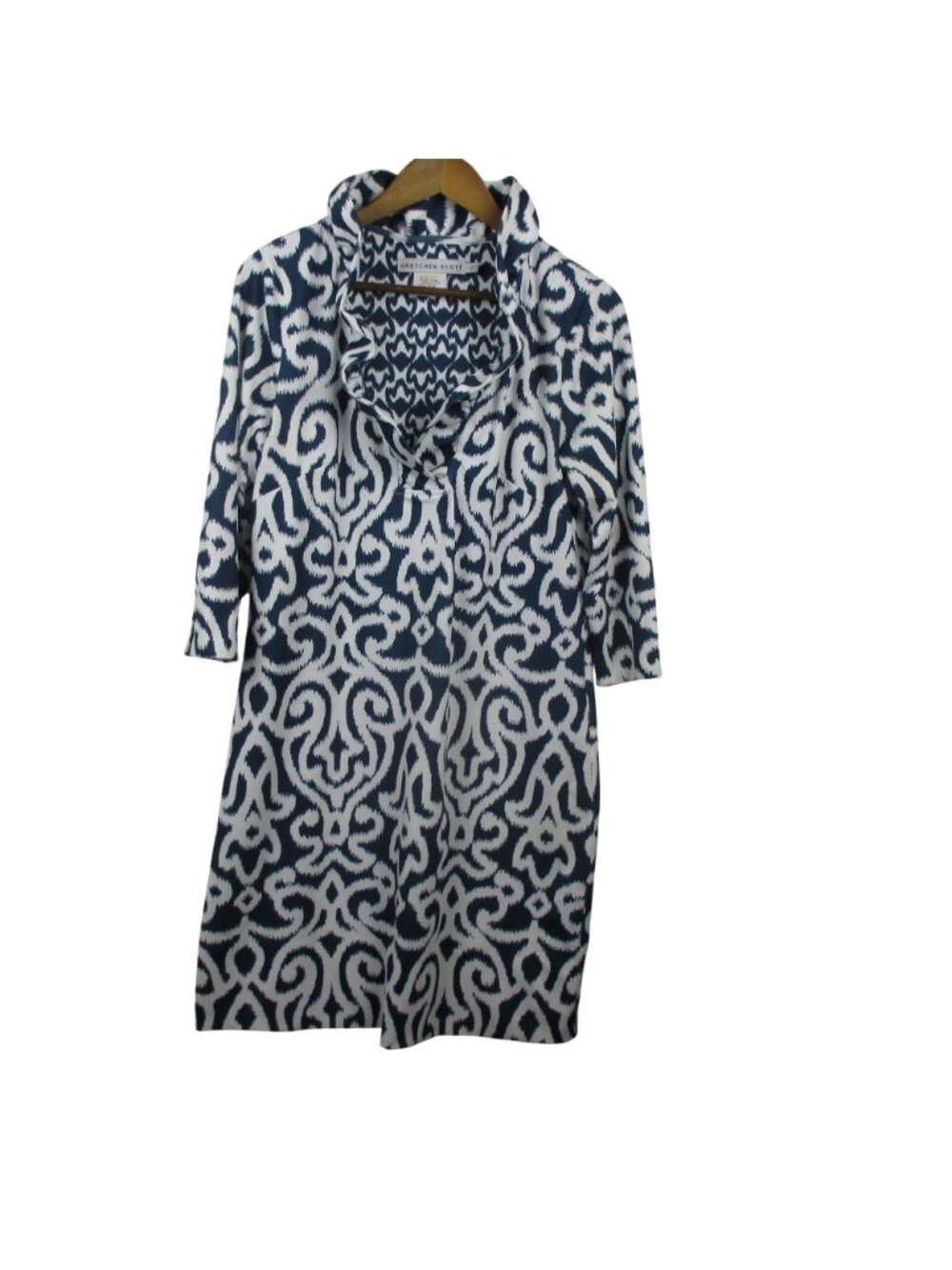 Gretchen Scott Women's Blue & White 3/4 Sleeve Ruffle Collar Shift Dress Size L - Picture 5 of 8
